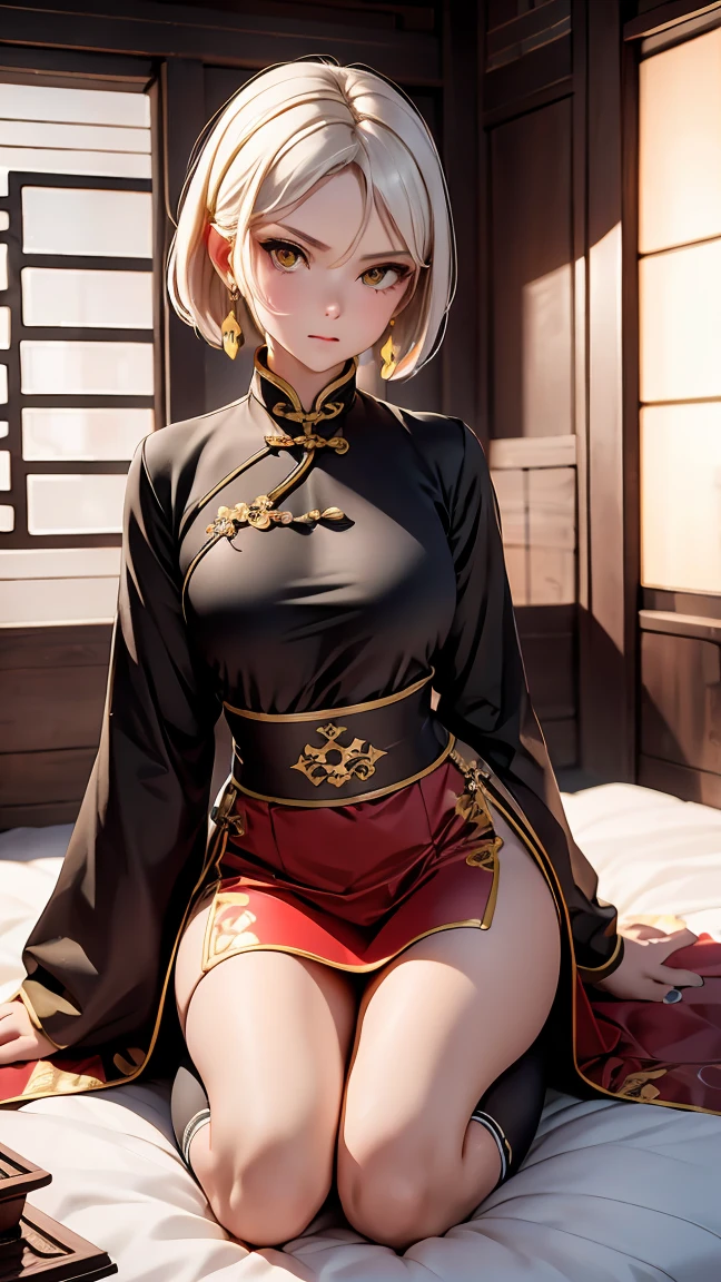 A very beautiful 19-year-old woman, (white hair:0,5), bob haircut, short hair, (yellow eyes:0.5) bright golden eyes, red nails, young beautiful face, muscular, slim but well-proportioned body, perfect white skin, highly detailed drawing, realistic face. (((Wearing traditional Chinese imperial clothes black With gold details:0,8))) ((red skirt with contour golden,)) (with red Hanafuda earrings,) (garterbelt black thigh-high socks.) Kneeling on a white bed in an ancient Chinese room, with a full moon and stars visible through the window, with light flashes reflecting on her body. 4k anime art, perfect lighting.