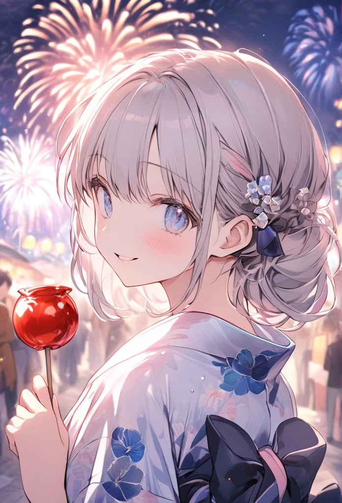 (masterpiece:1.2),Anime Cute Girl、cute、silver Hair、Long Hair、Half Up、hair ornaments、Beautiful blue eyes、Red eyeliner、Girl wearing yukata、Yukata with bright floral pattern、Pink Yukata、Short length、smile、((Holding a candy apple in her hand)),Night stalls、Night Festival、(((background、Fireworks)))、Festivals、summer night、Light production、Beautiful artwork、Detailed drawing、A Scene of Youth、Fisheye Lens、Close-up,Pale colors