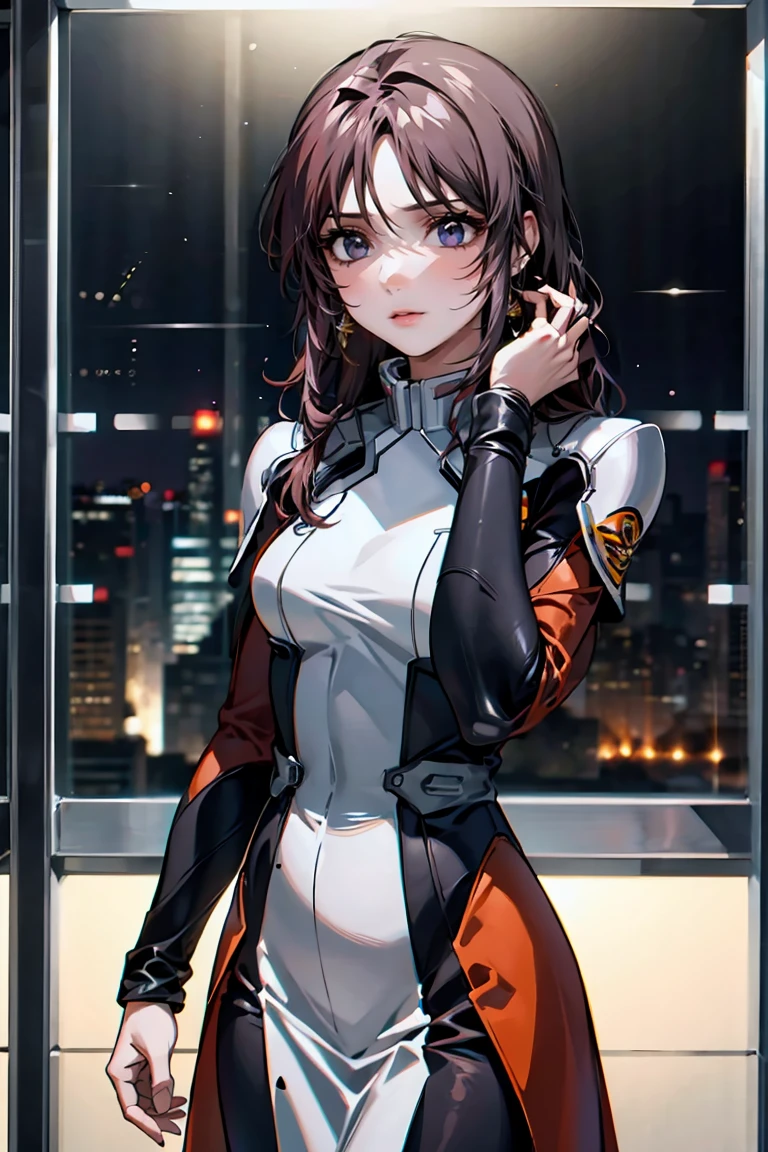 「A 20-year-old young female pilot、Height: 165cm、(Long Wavy Hair, Blue and orange two-tone hair:1.6, Deep purple eyes)。With skin as white as porcelain、His calm and intelligent expression exudes kindness.。Wearing an elegantly designed futuristic suit、Silver and purple accents。A shiny bracelet on his left wrist、She has a small earring in her right ear.。The background is a futuristic cityscape seen from a room in a high-rise building.、Outside the window, the night city spreads out。In a standing position、Hold the window frame lightly with one hand、Gazing into the distance。He exudes an air of keen intelligence and deep compassion.。」Perfect Anatomy