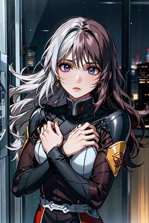 「A 20-year-old young female pilot、Height: 165cm、(Long wavy silver hair:1.8, Blue and orange two-tone color:1., Deep purple eyes)...