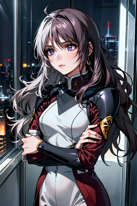 「A 20-year-old young female pilot、Height: 165cm、(Long wavy silver hair:1.8, Deep purple eyes)。With skin as white as porcelain、Hi...