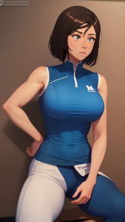 Korra has large breasts and is wearing sport clothes and she is sweating 