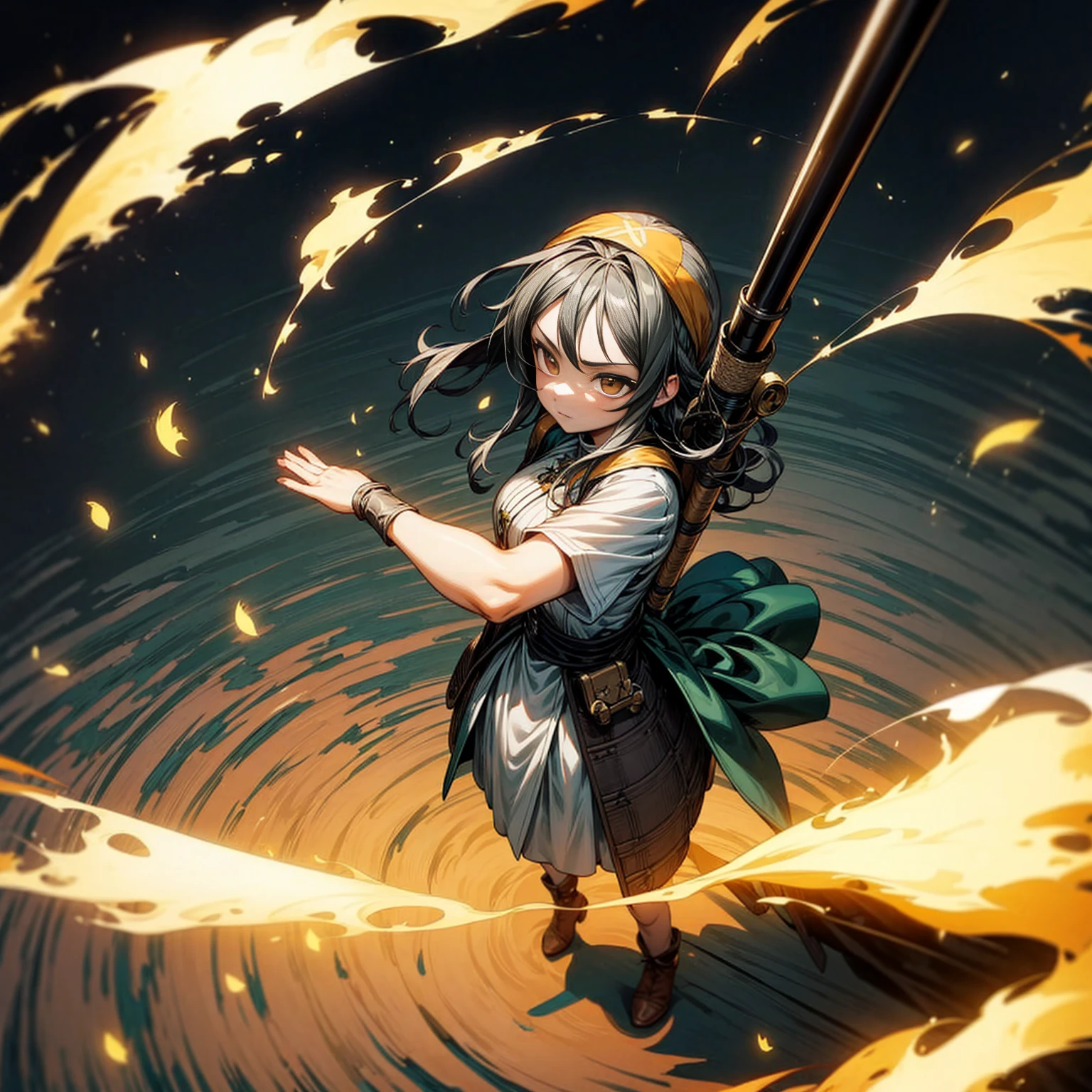 1girl, Full body version, 1character, adult version, gold eyes color, long haircut, (black color hair), bandana, medieval style clothing, bazooka in hand, Grassroots, full background in field forest, motion blur, smoke effect, lighting bazooka, fire, Fire lighting, (Hunter x Hunter style), standing gesture, plasma effect, aura effect, high angle view 