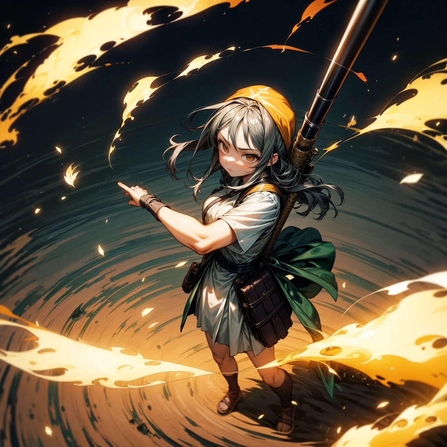 1girl, Full body version, 1character, adult version, gold eyes color, long haircut, (black color hair), bandana, medieval style clothing, bazooka in hand, Grassroots, full background in field forest, motion blur, smoke effect, lighting bazooka, fire, Fire lighting, (Hunter x Hunter style), standing gesture, plasma effect, aura effect, high angle view 