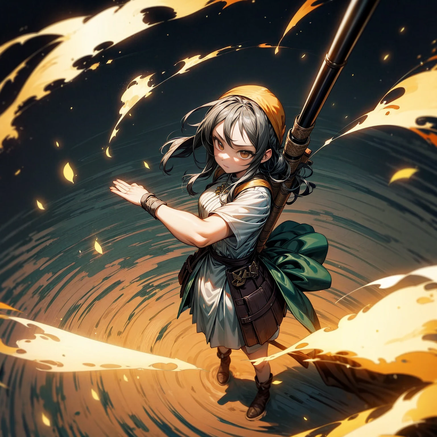 1girl, Full body version, 1character, adult version, gold eyes color, long haircut, (black color hair), bandana, medieval style clothing, bazooka in hand, Grassroots, full background in field forest, motion blur, smoke effect, lighting bazooka, fire, Fire lighting, (Hunter x Hunter style), standing gesture, plasma effect, aura effect, high angle view 