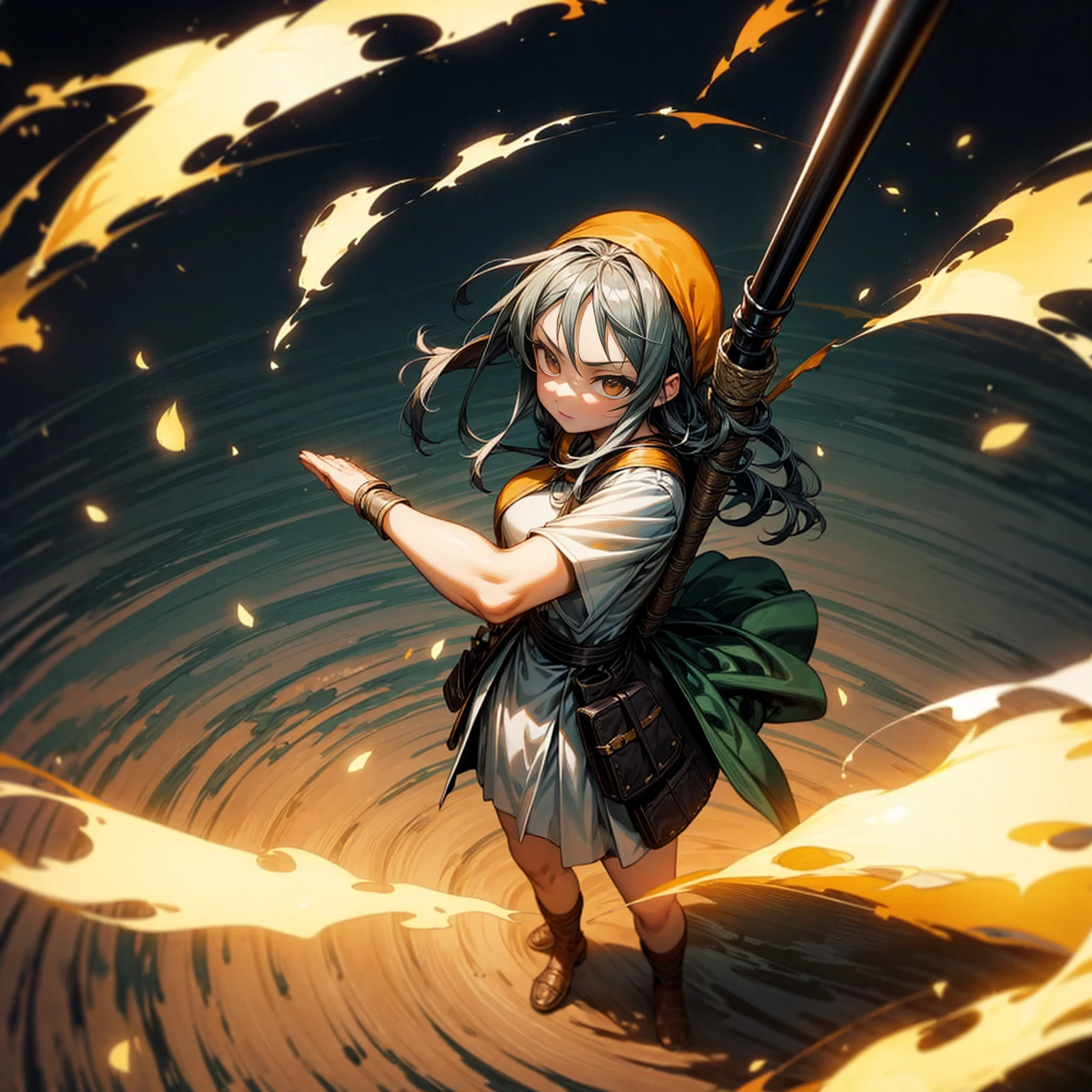 1girl, Full body version, 1character, adult version, gold eyes color, long haircut, (black color hair), bandana, medieval style clothing, bazooka in hand, Grassroots, full background in field forest, motion blur, smoke effect, lighting bazooka, fire, Fire lighting, (Hunter x Hunter style), standing gesture, plasma effect, aura effect, high angle view 