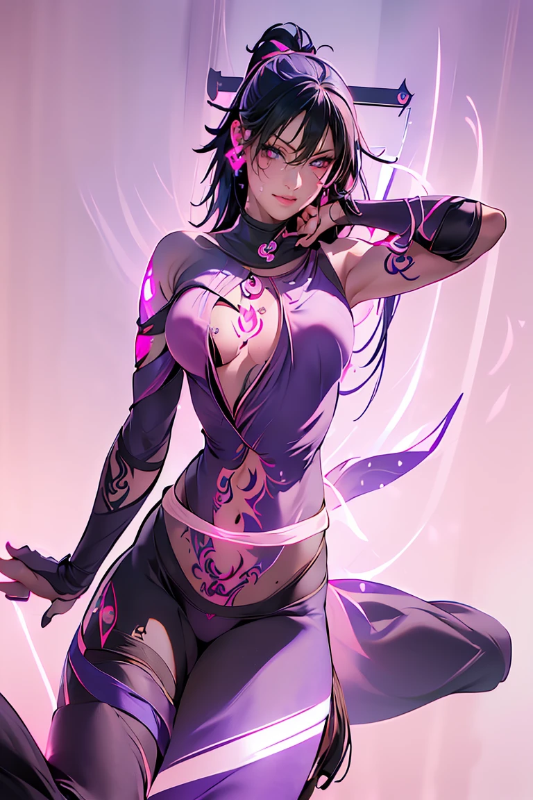 spread legs behind her head,night,hard rain,masterpiece, best quality, extremely detailed, (独奏), fullBODY,seductive woman, angry look,oily skin, sweating a lot, soaked,big  female ninja, wearing purple Japanese armor,wearing a purple festival loincloth,wearing purple tabi socks, wearing rpurple fishnet tights, holding a sword,thick lips, dark eyebrows, almond brown eyes, black hair, ((skin:1.4), chest wrap, dark blue long scarf, (from below:1.2), Japanese garden, (pubic tattoo, glowing tattoo:1.6), (Strong pink aura:1.8)