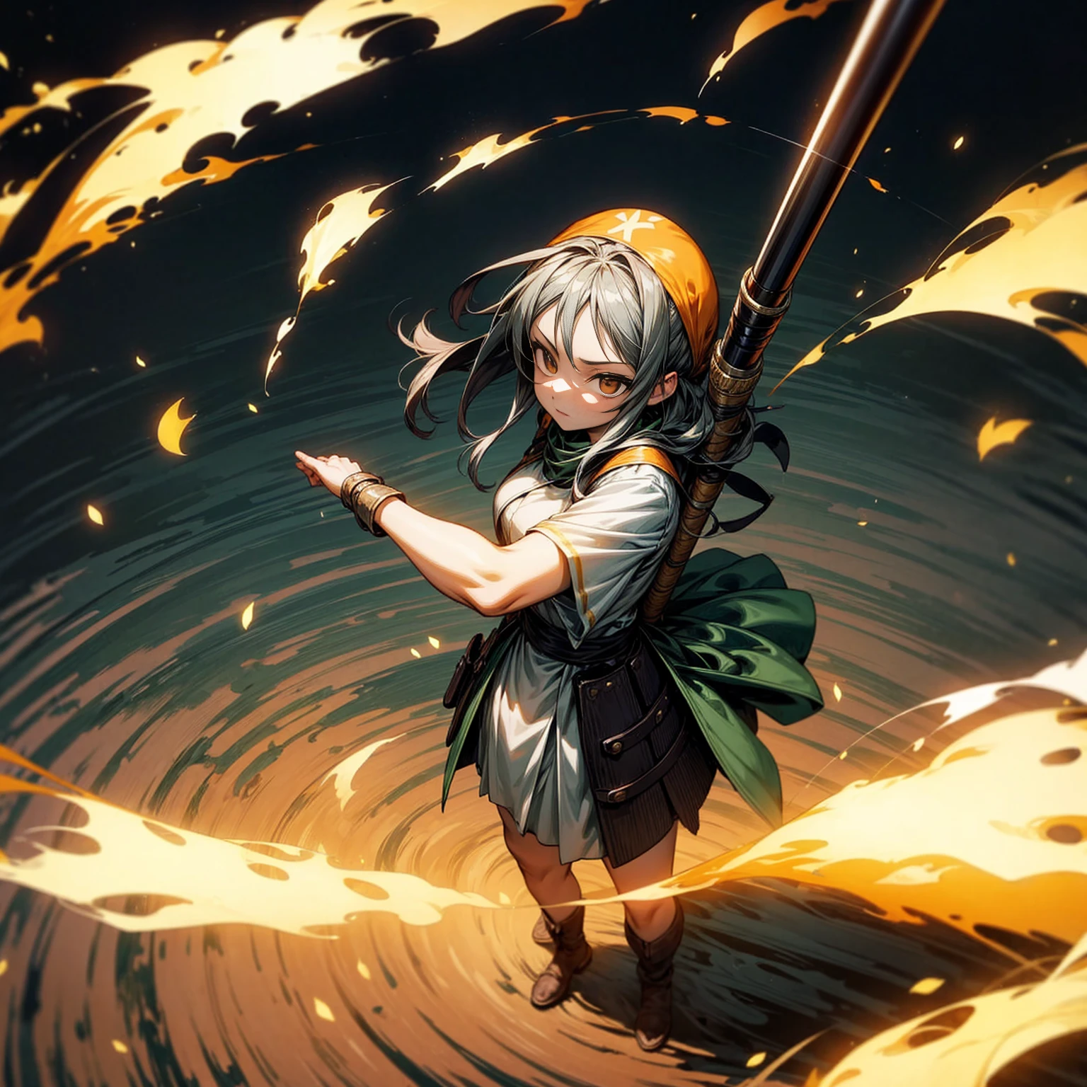 1girl, Full body version, 1character, adult version, gold eyes color, long haircut, (black color hair), bandana, medieval style clothing, bazooka in hand, Grassroots, full background in field forest, motion blur, smoke effect, lighting bazooka, fire, Fire lighting, (Hunter x Hunter style), standing gesture, plasma effect, aura effect, high angle view 