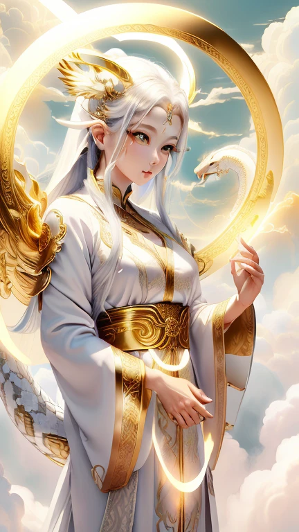 god々A beautiful white snake is in the middle.、Long Snake、Aura of Gold,looking at the camera、Look this way、Background gold、Floating in the clouds