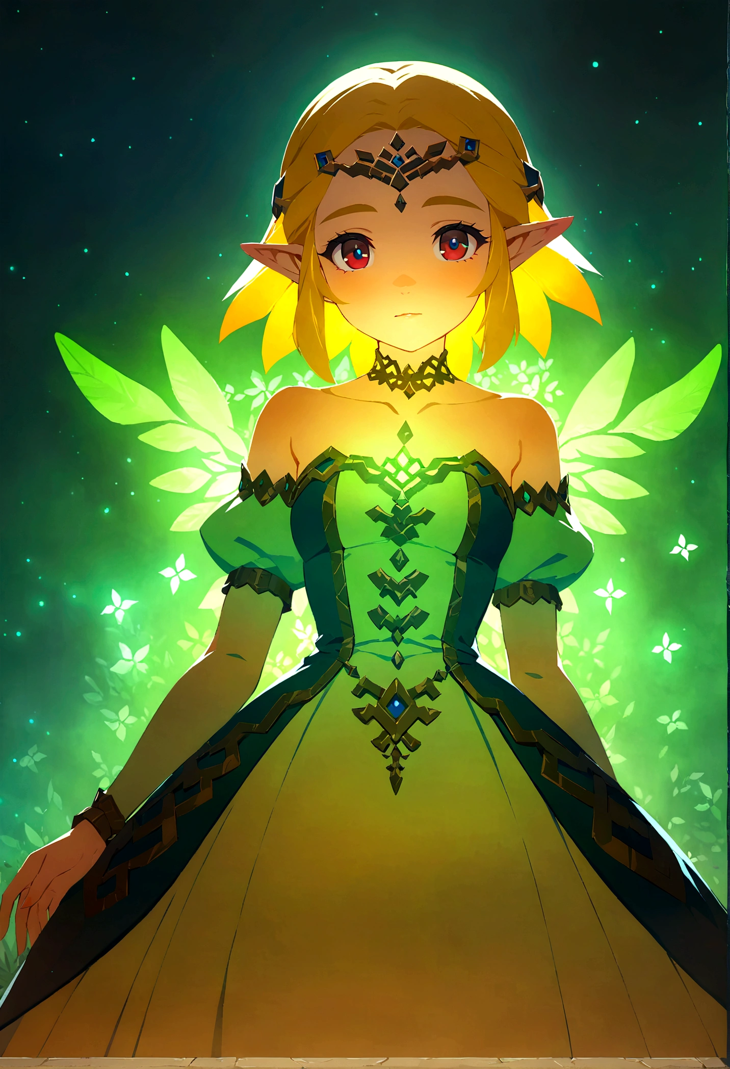 totkzelda, zonai dress, Zelda, 1girl, best quality, masterpiece, high quality, extremely detailed CG unity 8k wallpaper, delicate background, luminous particles, complex details looking at viewer, giving off a warm feeling,