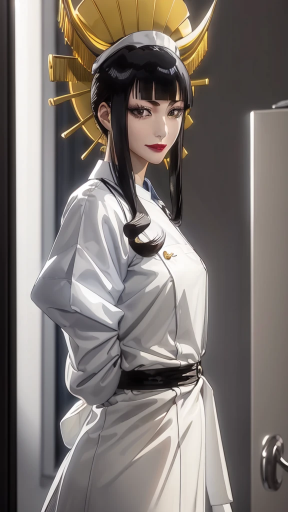 (masterpiece, best quality), SShutaraV4, source_anime, natural light, senjumaru shutara, 1girl, solo, slight smile, long hair, bangs, blunt bangs, sidelocks, (black eyes), (black hair:1.4), makeup, lipstick, red lipstick, mature, mature female, nurse uniform, rubber gloves, patient room background,