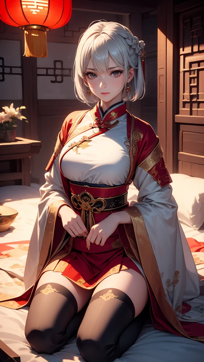 A very beautiful 1 woman, (white hair:0,5), bob haircut, short hair, (yellow eyes:0.5) bright golden eyes, red nails, young beautiful face, muscular, slim but well-proportioned body, perfect white skin, highly detailed drawing, realistic face. (((Wearing traditional Chinese imperial clothes black:1))) ((red skirt with contour golden,)) (with red Hanafuda earrings,) (garterbelt black thigh-high socks.) Kneeling on a white bed in an ancient Chinese room, night with a full moon and stars visible through the window, with light flashes reflecting on her body. 4k anime art, perfect lighting.