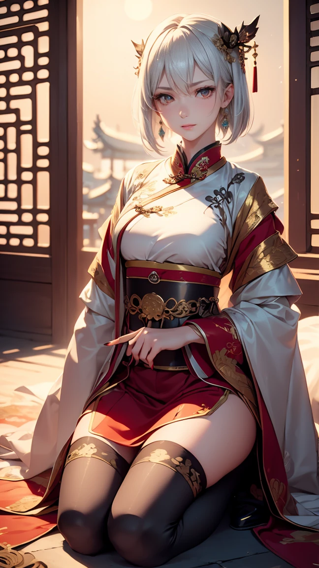 A very beautiful 19-year-old woman, (white hair:0,5), bob haircut, short hair, (yellow eyes:0.5) bright golden eyes, red nails, young beautiful face, muscular, slim but well-proportioned body, perfect white skin, highly detailed drawing, realistic face. (((Wearing traditional Chinese imperial clothes black:1))) ((red skirt with contour golden,)) (with red Hanafuda earrings,) (garterbelt black thigh-high socks.) Kneeling on a white bed in an ancient Chinese room, night with a full moon and stars visible through the window, with light flashes reflecting on her body. 4k anime art, perfect lighting.