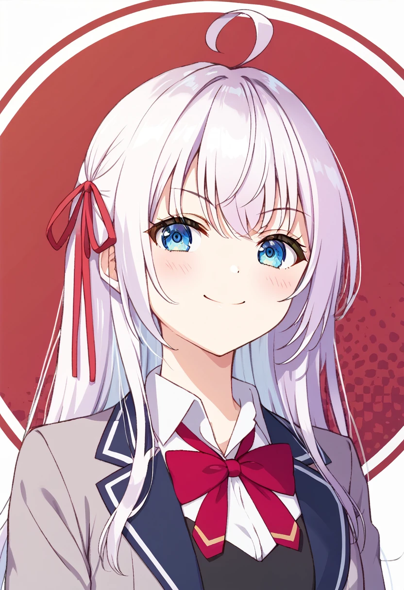 (masterpiece),(best quality),(ultra-detailed),(best illustration),(best shadow),(absurdres),(detailed background),(very aesthetic), alya(roshidere), white hair, long hair, bangs, blue eyes, hair ribbon, ahoge, red ribbon, skirt, shirt, long sleeves, bow, , jacket, white shirt, pleated skirt, collared shirt, bowtie, black skirt, red bow, red bowtie, blazer, grey blazer, long sleeves, upper body view, smile, standing,