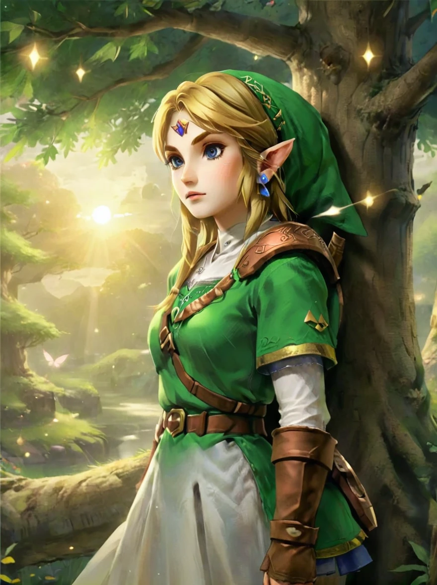 (Best quality，8K，Ultra-high resolution，masterpiece)，Super Fine，illustration，Princess Zelda，Link，Couple，Love，Embrace，under the tree，fantasy，(the legend of zelda)，beautiful eyes，Beautiful lips，Super Fine的眼睛和脸，Long eyelashes，Long hair，romantic，close，Warm Lights，Prime Time，color，Fantasy Art，thrilling，epic