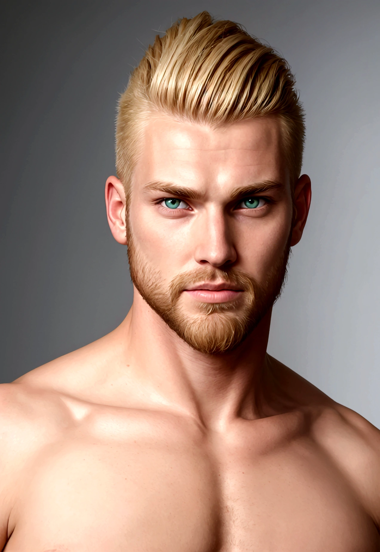 photograph of a face, blond man, green eyes, full beard, straight hair, hair thrown back, hair shaved on the sides, harmonious face, sexy face, sexy look, shirtless  