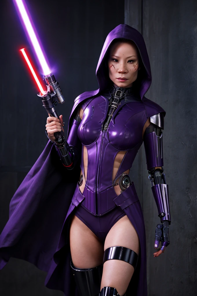 Lucy Liu (age 25)(evil sith witch, cybernetic legs, evil tattoos, sexy skin tight evil outfit with purple trim), purple light saber, purple force lightning dances on her
