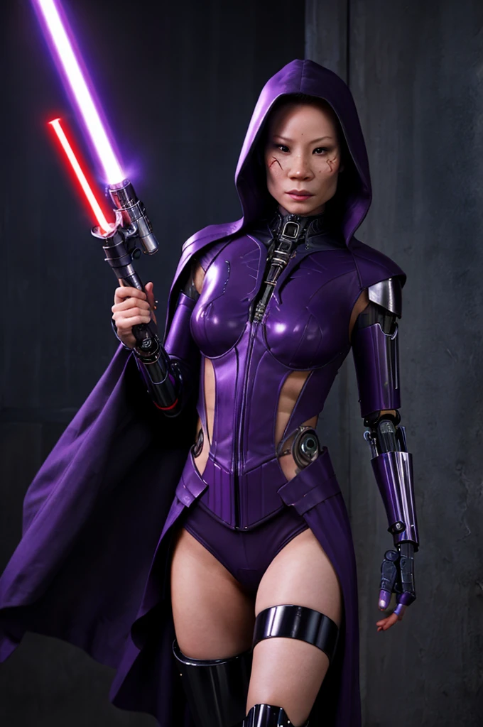 Lucy Liu (25 años)(malvada bruja Sith, piernas cibernéticas, tatuajes malvados, atuendo ajustado y malvado con ribetes morados), sable de luz morado, rayos de la Fuerza morados bailan sobre ella
