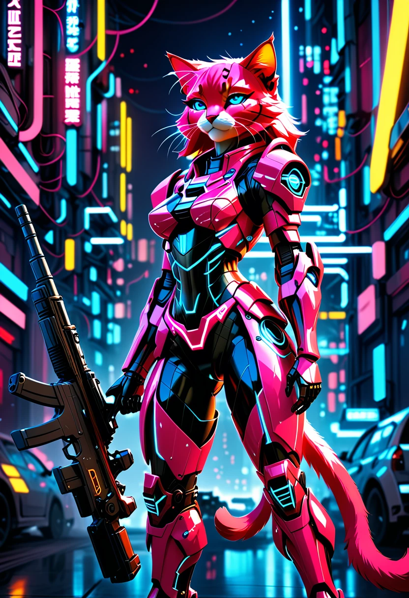 ((Masterpiece)), (Best Quality), (Cinematic),(highly accurate drawing in every detail)(extremely precise representation)full_body_portrait,space age retro future vibe, a stunning red cat in dressed in cool spacy synthetic magenta and neon-pink mecha armor with several glowing markings and nozzles,hoes and mechanic parts shooting a futuristic rifle in front of flat futuristic art background.