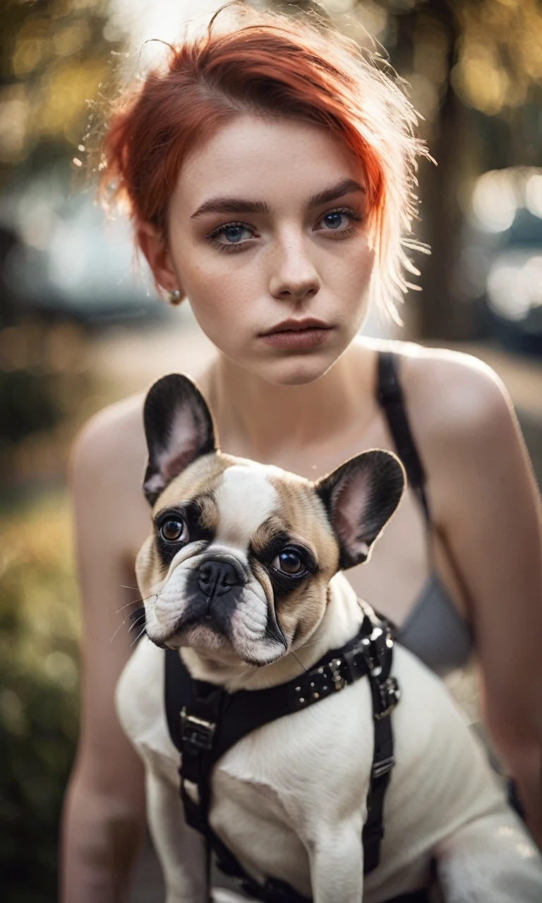 Thorough,analog style,eye focus,highest quality,(highly detailed skin),photo of an exquisitely beautiful pale skin punk Dutch girl,21yo,(wearing harness, and beanie),perfect face,alluring eyes,[seductive makeup],skin pores,(piercing:0.5), outdoor,(bokeh:0.6),sharp focus,dappled lighting,(backlighting:0.7),film grain,photographed on a Sony A7R IV,18mm F/1.7 cine lens,(highly detailed, intricately detailed),8k,HDR,seductively posing,front view,(upper body:0.9), add funny french bulldog 