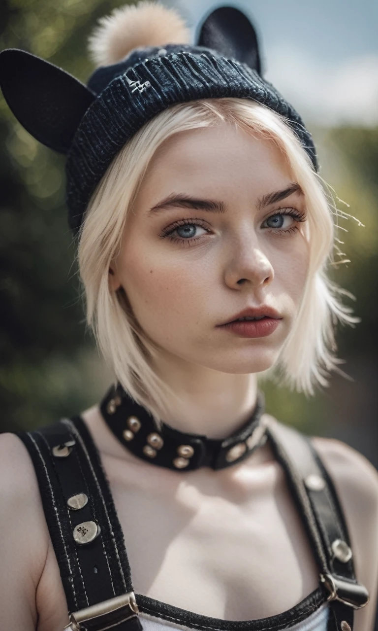 Thorough,analog style,eye focus,highest quality,(highly detailed skin),photo of an exquisitely beautiful pale skin punk Dutch girl,21yo,(wearing harness, and beanie),perfect face,alluring eyes,[seductive makeup],skin pores,(piercing:0.5), outdoor,(bokeh:0.6),sharp focus,dappled lighting,(backlighting:0.7),film grain,photographed on a Sony A7R IV,18mm F/1.7 cine lens,(highly detailed, intricately detailed),8k,HDR,seductively posing,front view,(upper body:0.9), add funny french bulldog 