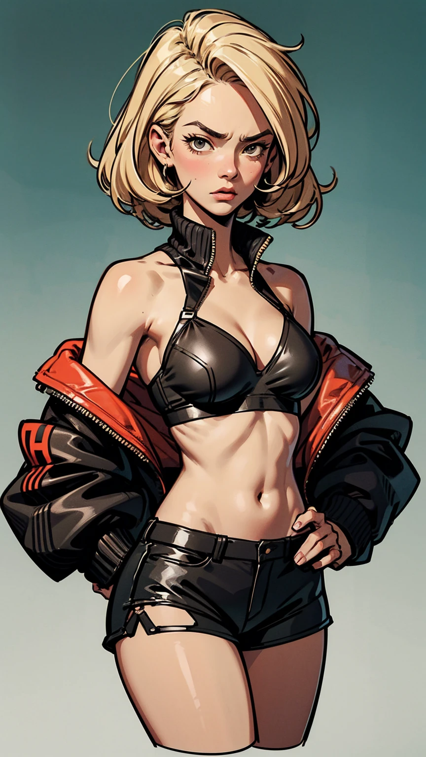 Girl, fit athletic body, nice breasts, annoyed expression, messy disheveled blonde hair, cropped race jacket, tube top bra, leather short shorts, 