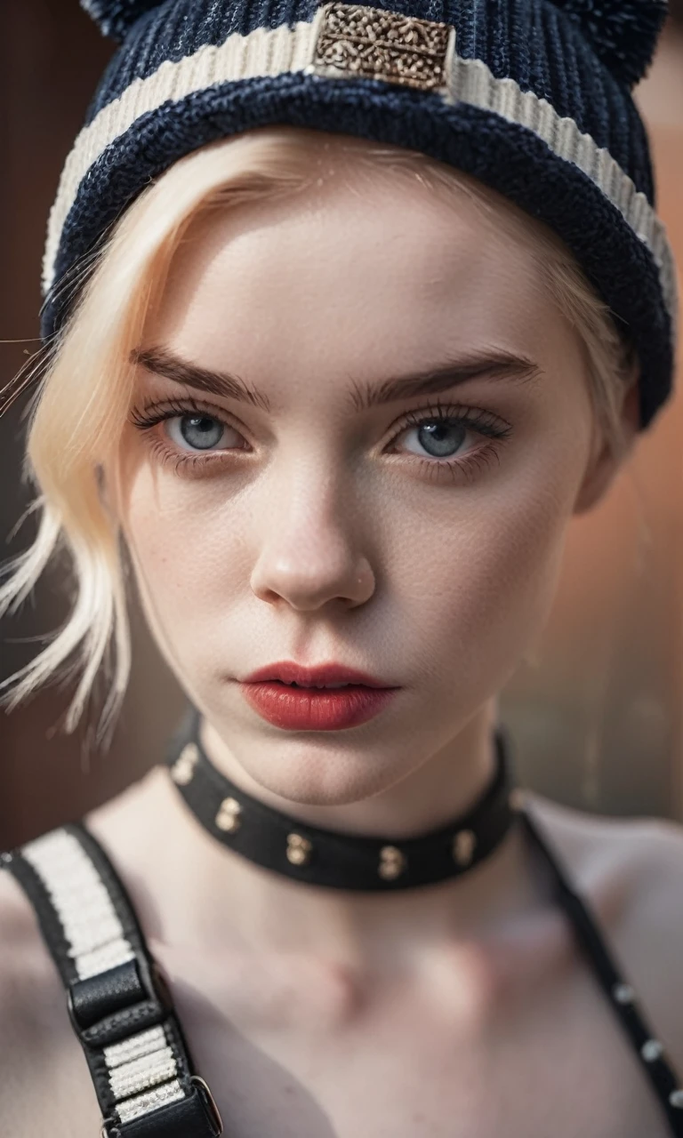 Complet,style analogique,mise au point des yeux,la plus haute qualité,(très détaillé skin),photo d&#39;une hollandaise punk à la peau pâle d&#39;une beauté exquise,21 ans,(porter un harnais, et un bonnet),visage parfait,yeux séduisants,[maquillage séduisant],pores de la peau,(perçant:0.5), Extérieur,(bokeh:0.6),netteté,éclairage tacheté,(rétroéclairage:0.7),grain de film,photographié sur un Sony A7R IV,18mm F/1.7 objectifs cinéma,(très détaillé, complexe et détaillé),8k,HDR,Poser de manière séduisante,vue de face,(Haut du corps:0.9), Elle brosse un bouledogue français noir