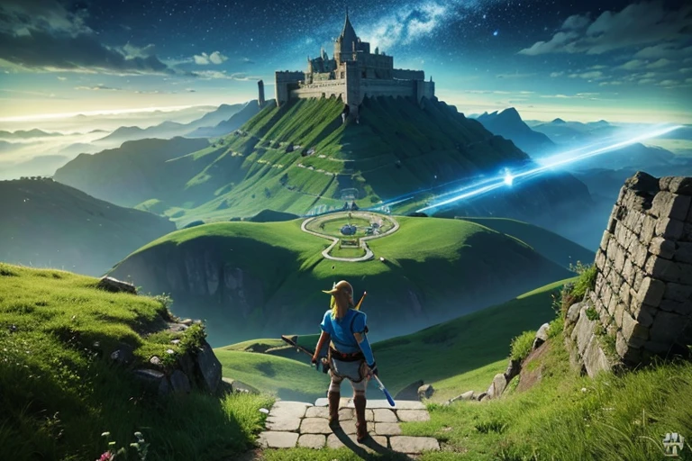 a lenda de Zelda, Link segura a Espada Mestra、Em pé em frente ao Castelo de Hyrule。A vasta paisagem de Hyrule se espalha ao fundo.、Ruínas antigas pontilham a terra。Efeitos de luz brilhantes irradiam do Link&#39;espada.、A ênfase está na coragem。