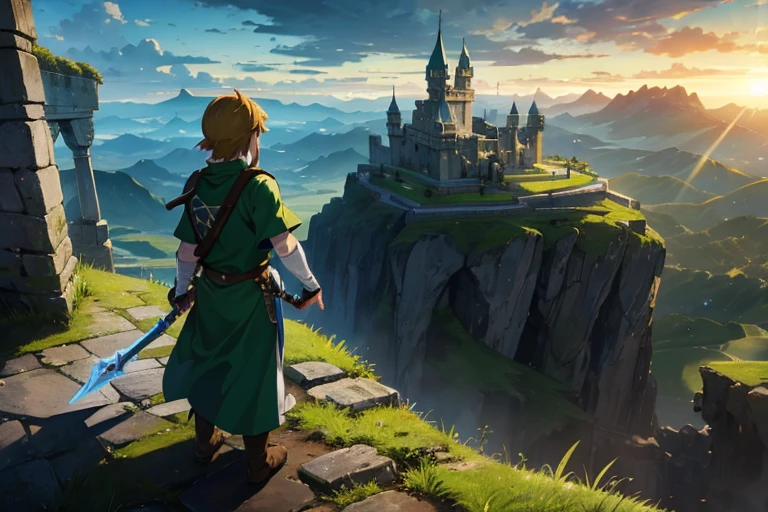 The Legend of Zelda, Link hält das Master-Schwert hoch、Vor Schloss Hyrule。Im Hintergrund erstreckt sich die weite Landschaft von Hyrule.、Antike Ruinen übersäen das Land。Leuchtende Lichteffekte gehen von Link aus&#39;s Schwert.、Der Schwerpunkt liegt auf Mut。