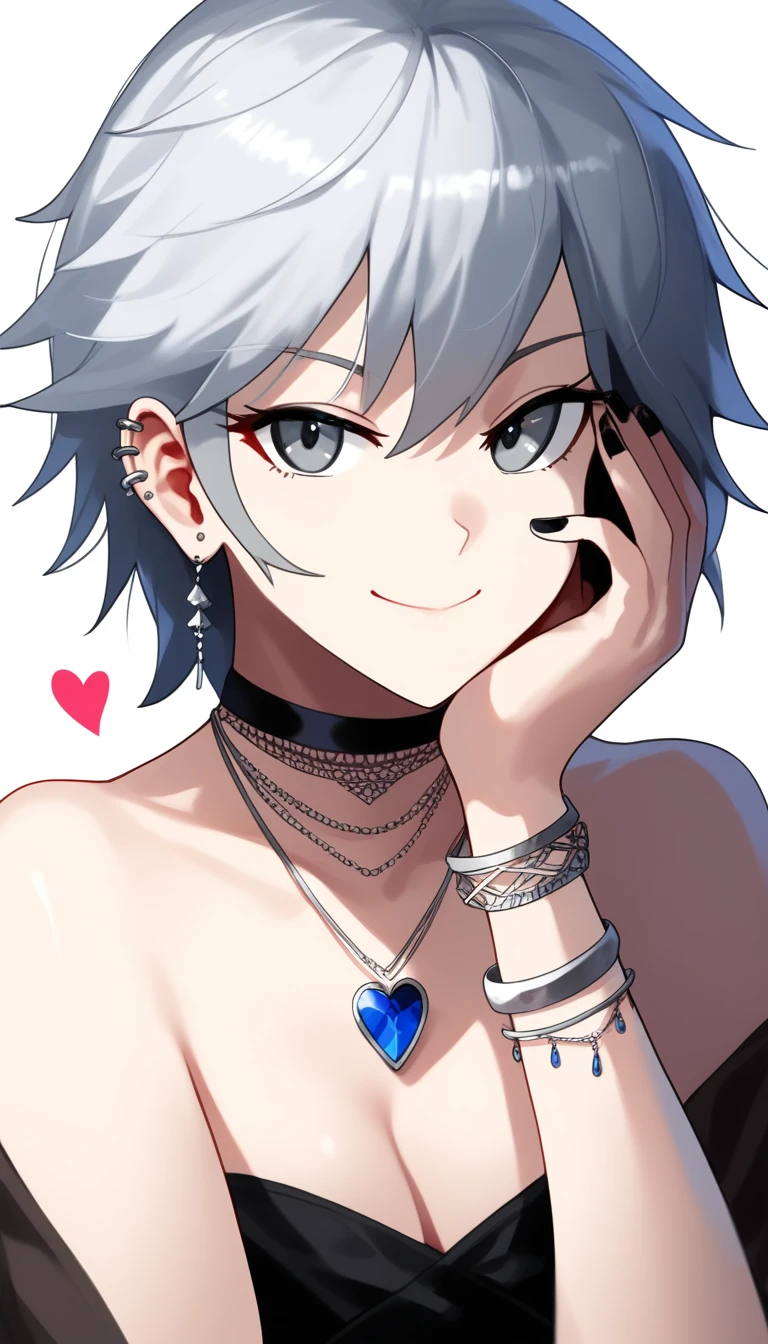 (zPDXL2),  score_9_up, BREAK
solo, 1girl, short grey hair, looking at viewer, (hand on own face, hand on own cheek), smile, closed mouth, grey eyes, piercing, hearts, nail polish, fingernails, black nails, jewelry, ear piercing, earrings, necklace, black choker, bangs, bracelet, gem, simple white background, BREAK
AissistXLv2, unaestheticXL_bp5, SimplePositiveXLv2, zPDXL2 PonyXLV6_Scores