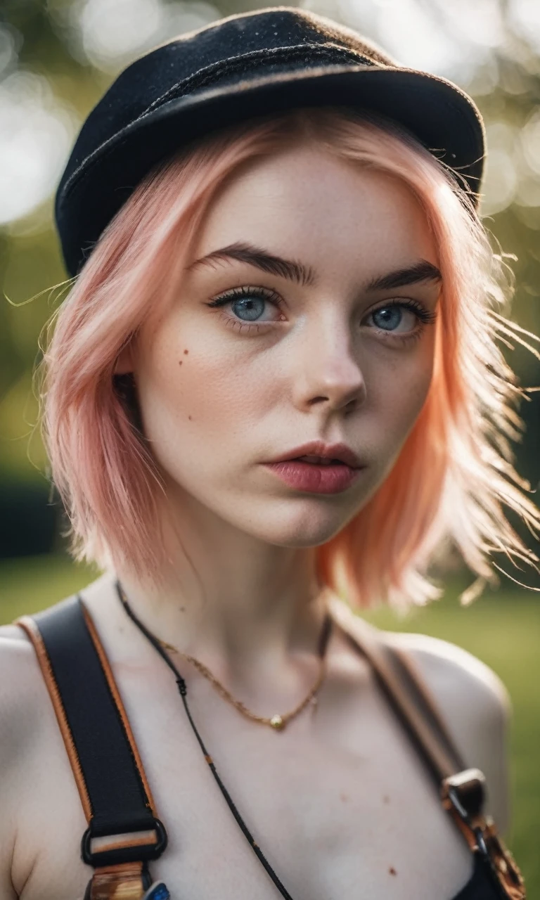 Thorough,analog style,eye focus,highest quality,(highly detailed skin),photo of an exquisitely beautiful pale skin punk Dutch girl,21yo,(wearing harness, and beanie),perfect face,alluring eyes,[seductive makeup],skin pores,(piercing:0.5), outdoor,(bokeh:0.6),sharp focus,dappled lighting,(backlighting:0.7),film grain,photographed on a Sony A7R IV,18mm F/1.7 cine lens,(highly detailed, intricately detailed),8k,HDR,seductively posing,front view,(upper body:0.9), add funny french bulldog 