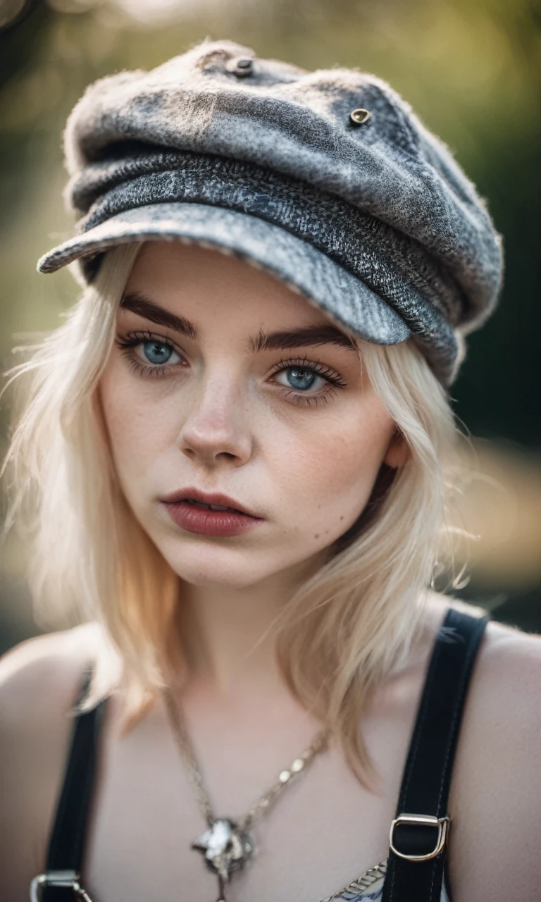 Minucioso,estilo analógico,Foco ocular,mais alta qualidade,(Altamente detalhado skin),foto de uma linda garota holandesa punk de pele clara,21 anos,(usando arnês, e gorro),Rosto Perfeito,olhos sedutores,[maquiagem sedutora],poros da pele,(piercing:0.5), ar livre,(Bokeh:0.6),foco nitído,Iluminação manchada,(retroiluminação:0.7),grão de filme,fotografado em um Sony A7R IV,18mmF/1.7 lentes de cinema,(Altamente detalhado, intrinsecamente detalhado),8K,HDR,Posando sedutoramente,vista frontal,(tronco:0.9), adicione um buldogue francês engraçado 