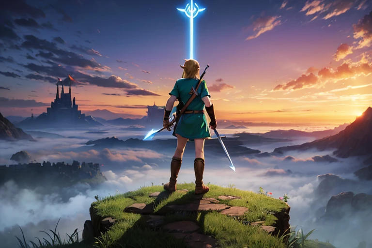 a lenda de Zelda, Link segura a Espada Mestra、Em pé em frente ao Castelo de Hyrule。A vasta paisagem de Hyrule se espalha ao fundo.、Ruínas antigas pontilham a terra。Efeitos de luz brilhantes irradiam do Link&#39;espada.、A ênfase está na coragem。