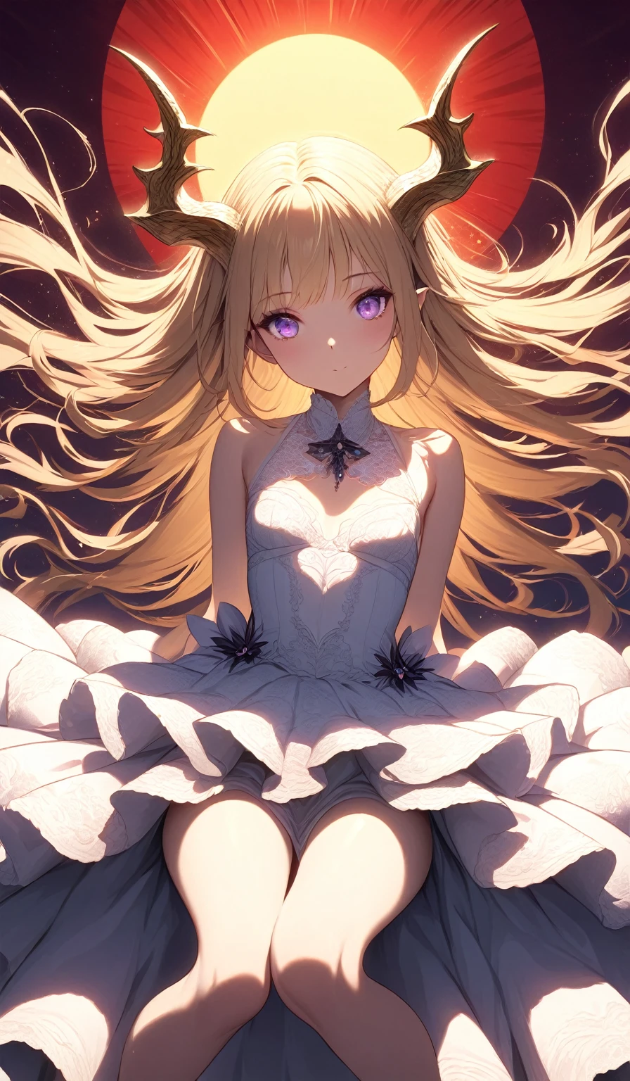 Masterpiece, very detailed, ultra detailed, alone, (1 girl), she is in a white lace and detailed dress, and in an elegant position, she is tall, childish style, long golden hair and parting on the sides, golden demonic horns, beautiful, charming, purple eyes, elegant, small breasts, kind face, charming, she stands against the background of red trees and the big sun.