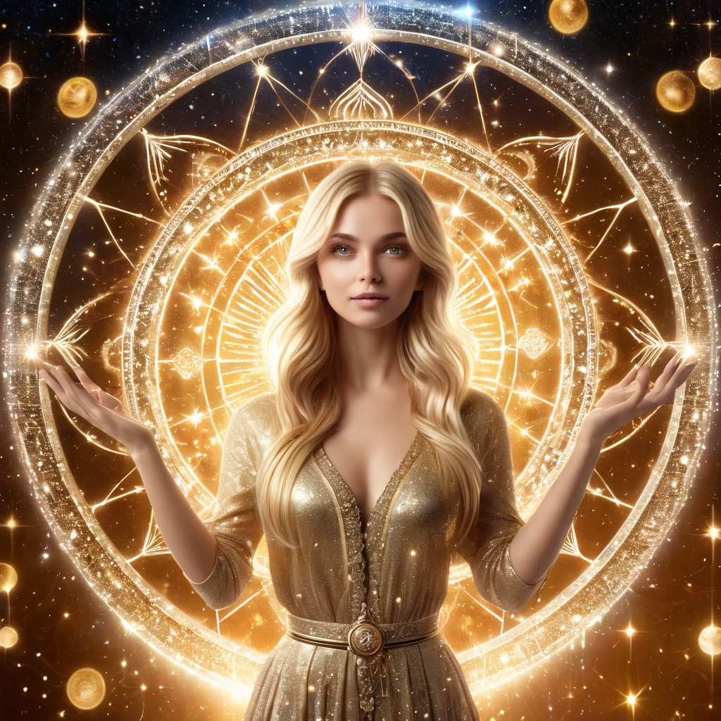 Astrologue, faisant signe, cheveux blond, frange, 1fille, cheveux longs, regarder le spectateur, Image 3D du cercle de l&#39;horoscope astrologique sur les deux paumes, Meilleure qualité, chef-d&#39;œuvre, Haute qualité, fond d'écran extrêmement détaillé CG unity 8k, Arrière-plan délicat, particules lumineuses, Détails complexes, géométrie sacrée,