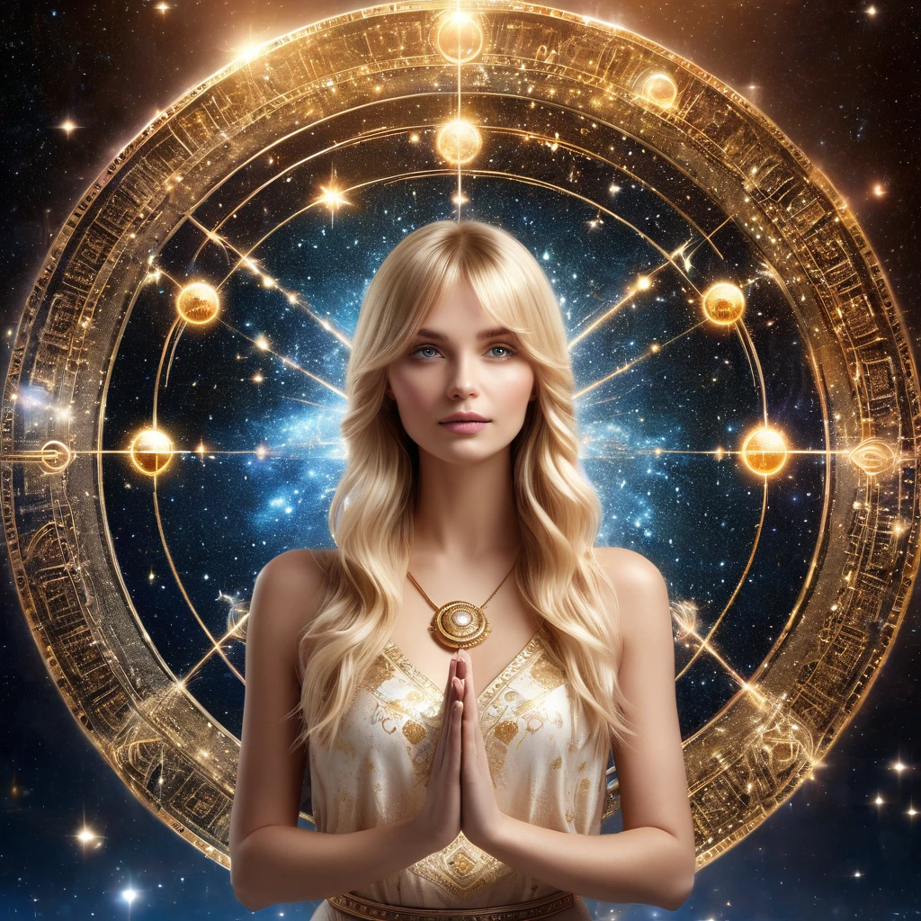 Astrologue, faisant signe, cheveux blond, frange, 1fille, cheveux longs, regarder le spectateur, Image 3D du cercle de l&#39;horoscope astrologique sur les deux paumes, Meilleure qualité, chef-d&#39;œuvre, Haute qualité, fond d'écran extrêmement détaillé CG unity 8k, Arrière-plan délicat, particules lumineuses, Détails complexes, géométrie sacrée,