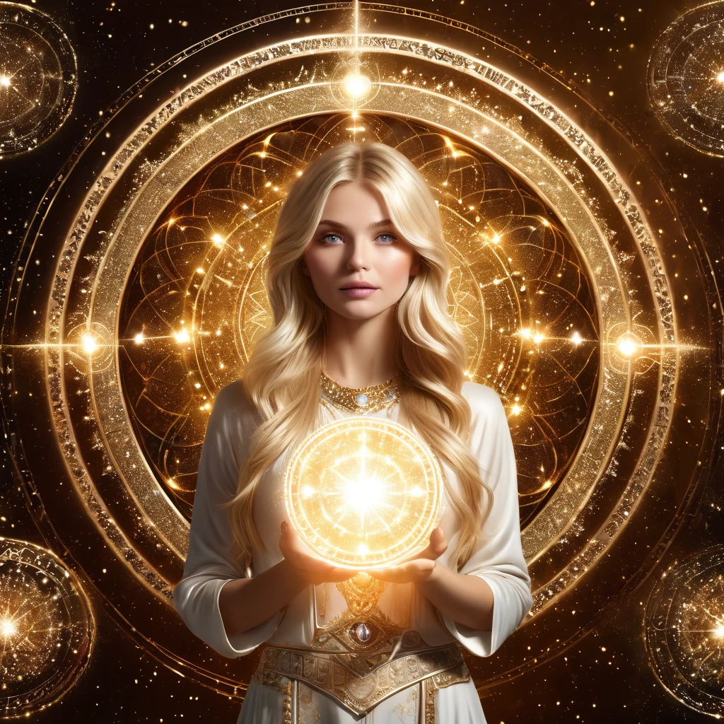 Astrologer, Winken, Blondes Haar, bangs, 1 Mädchen, lange Haare, Betrachter betrachten, 3D-Bild des astrologischen Horoskopkreises auf beiden Handflächen, beste Qualität, Meisterwerk, gute Qualität, extrem detailliertes CG Unity 8k-Hintergrundbild, zarter Hintergrund, leuchtende Partikel, komplexe Details, heilige Geometrie,