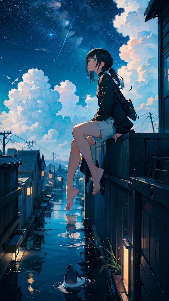 masterpiece, Exquisite detail,Highest quality, One girl, alone, handrail, cloud, Looking up at the buildings,Long Hair, NULL, Long sleeve, Power lines, White footwear, Black Hair, View your viewers, Electric pole, bangs, cloudy NULL, fish, bird, Green Eyes, Shorts, Day, Black Shirt, barefoot,Whale flying in the sky,Giant whale,night,star,milky way,night,Pitch black,Buildings,Sitting