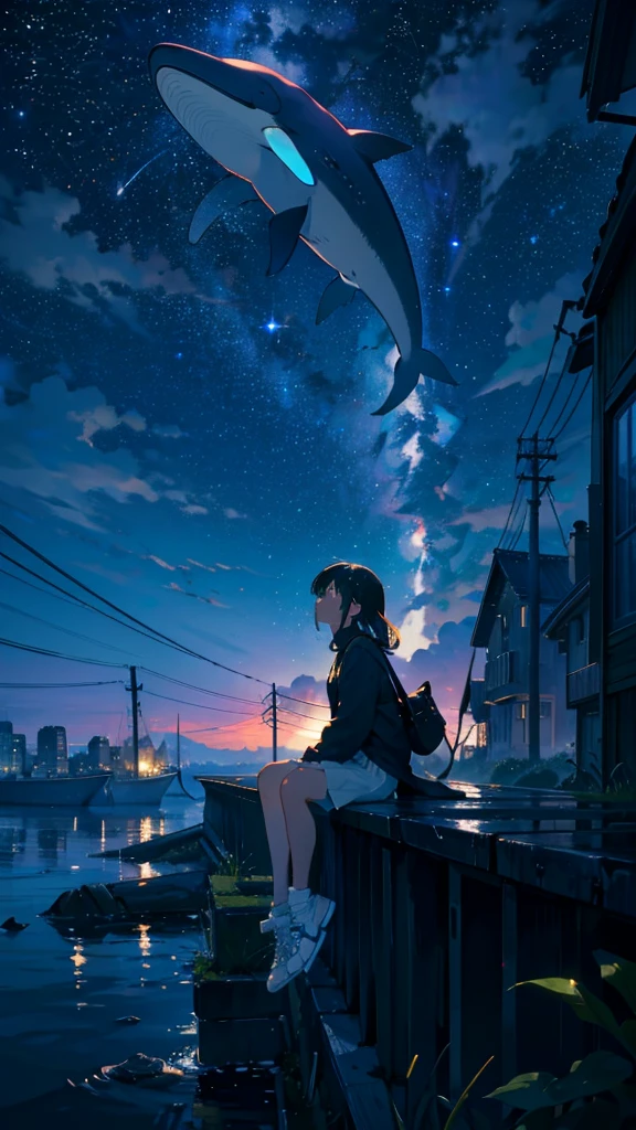 masterpiece, Exquisite detail,Highest quality, One girl, alone, handrail, cloud, Looking up at the buildings,Long Hair, NULL, Long sleeve, Power lines, White footwear, Black Hair, View your viewers, Electric pole, bangs, cloudy NULL, fish, bird, Green Eyes, Shorts, Day, Black Shirt, barefoot,Whale flying in the sky,Giant whale,night,star,milky way,night,Pitch black,Buildings,Sitting