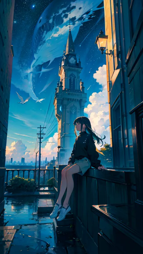 masterpiece, exquisite detail,highest quality, one girl, alone, handrail, cloud, looking up at the buildings,long hair, null, lo...