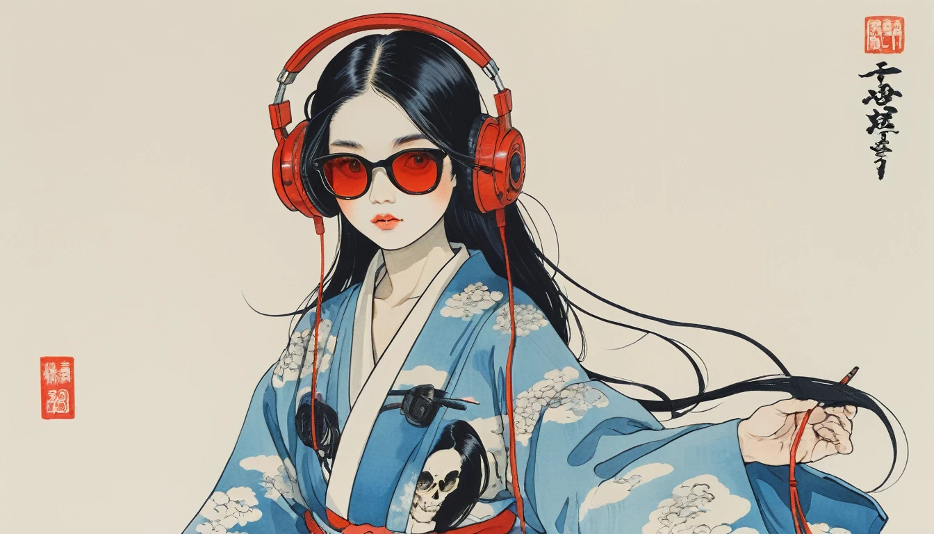 haori patrón japonés, Liso, pelo largo y negro, Esqueleto femenino lindo, Gafas de sol con lentes azul claro, Katsushika Hokusai, Pintura en tinta, auriculares de estilo japonés, Practicar artes marciales, Estilo ukiyo-e moderno, ojos rojos