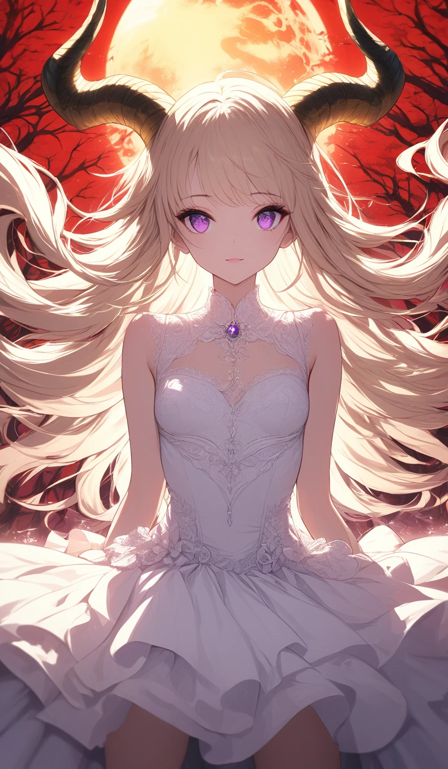 Masterpiece, very detailed, ultra detailed, alone, (1 girl), she is in a white lace and detailed dress, and in an elegant position, she is tall, childish style, long golden hair and parting on the sides, golden demonic horns, beautiful, charming, purple eyes, elegant, small breasts, kind face, charming, she stands against the background of red trees and the big sun.