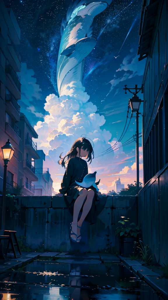 masterpiece, Exquisite detail,Highest quality, One girl, alone, handrail, cloud, Looking up at the buildings,Long Hair, NULL, Long sleeve, Power lines, White footwear, Black Hair, View your viewers, Electric pole, bangs, cloudy NULL, fish, bird, Green Eyes, Shorts, Day, Black Shirt, barefoot,Whale flying in the sky,Giant whale,night,star,milky way,night,Pitch black,Buildings,Sitting