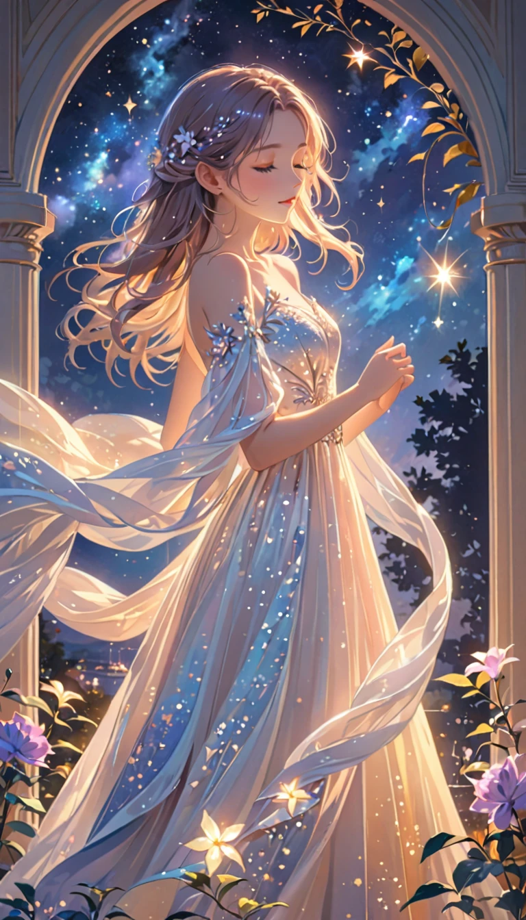 (best quality,4k,8k,highres,masterpiece:1.2),A girl standing alone under the starry night sky, with her silhouette illuminated by the soft moonlight and twinkling stars. Her face is beautifully detailed, with closed eyes, long and fluttering eyelashes, and exquisitely defined lips. She is dressed in an elegant gown, flowing and ethereal, embracing her figure gracefully as it glimmers with a subtle celestial glow. The intricate details of her dress catch the faint starlight, creating a mesmerizing sparkle. The surrounding landscape showcases a serene garden, lush with vibrant foliage and colorful flowers. The air is filled with a gentle breeze, causing the leaves to rustle and the flowers to sway delicately. The garden is bathed in a warm, dreamy color palette, with hues of deep blues, purples, and hints of silver. The atmosphere is calm and tranquil, evoking a sense of peace and serenity. The artwork is of the highest quality, meticulously created with ultra-detailed brushstrokes and precise attention to every element. The texture and depth of the painting are breathtaking, with a sense of realism and photorealism that captures the awe-inspiring beauty of the night sky. The lighting is soft and diffused, casting a gentle glow over the entire scene, enhancing the magical ambiance. The girl's presence radiates a sense of mystery and wonder, as if she holds a secret connected to the celestial beings above. The overall composition evokes a feeling of timelessness and captures the essence of a StarSign, an artwork that embodies the celestial beauty and inner strength of a girl in harmony with the stars. (ai-generated:.25),(dsmile:.25)