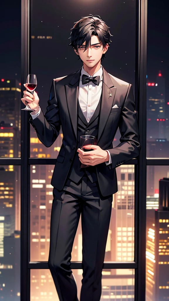 A handsome young man wearing a black suit and short black hair was holding a wine glass in his hand, looking out the window on a tall building filled with lights.