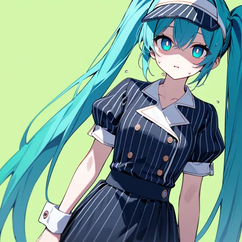 best quality, masterpiece, 1girl, solo, mikunormal, hatsune miku, blue vertical-striped dress, waist apron, visor cap, wrist cuf...