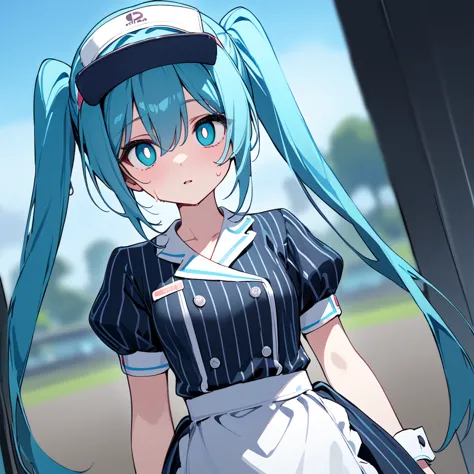 best quality, masterpiece, 1girl, solo, mikunormal, hatsune miku, blue vertical-striped dress, waist apron, visor cap, wrist cuf...