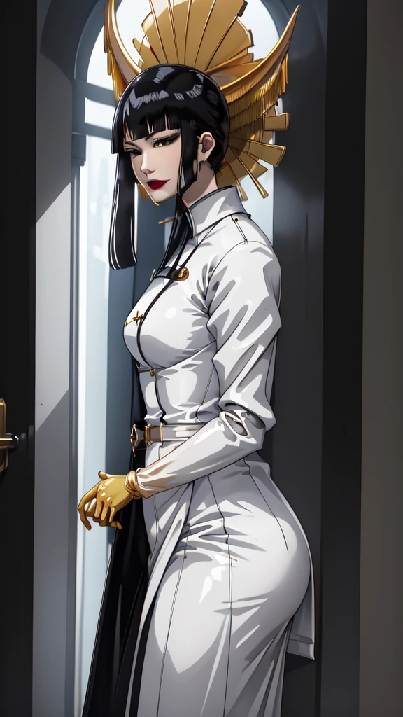 (masterpiece, best quality), SShutaraV4, source_anime, natural light, senjumaru shutara, 1girl, solo, slight smile, long hair, bangs, blunt bangs, sidelocks, (black eyes), (black hair:1.4), makeup, lipstick, red lipstick, mature, mature female, nurse uniform, rubber gloves, patient room background,