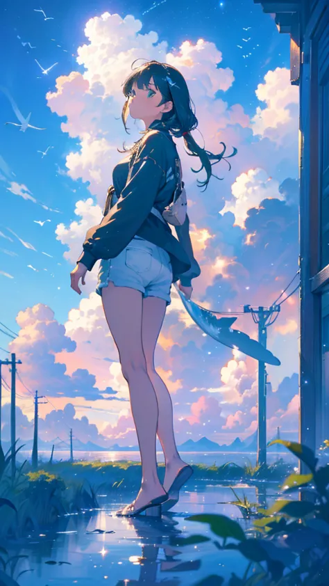 masterpiece, Exquisite detail,Highest quality, One girl, alone, handrail, cloud, Looking up at the buildings,Long Hair, zero, Lo...