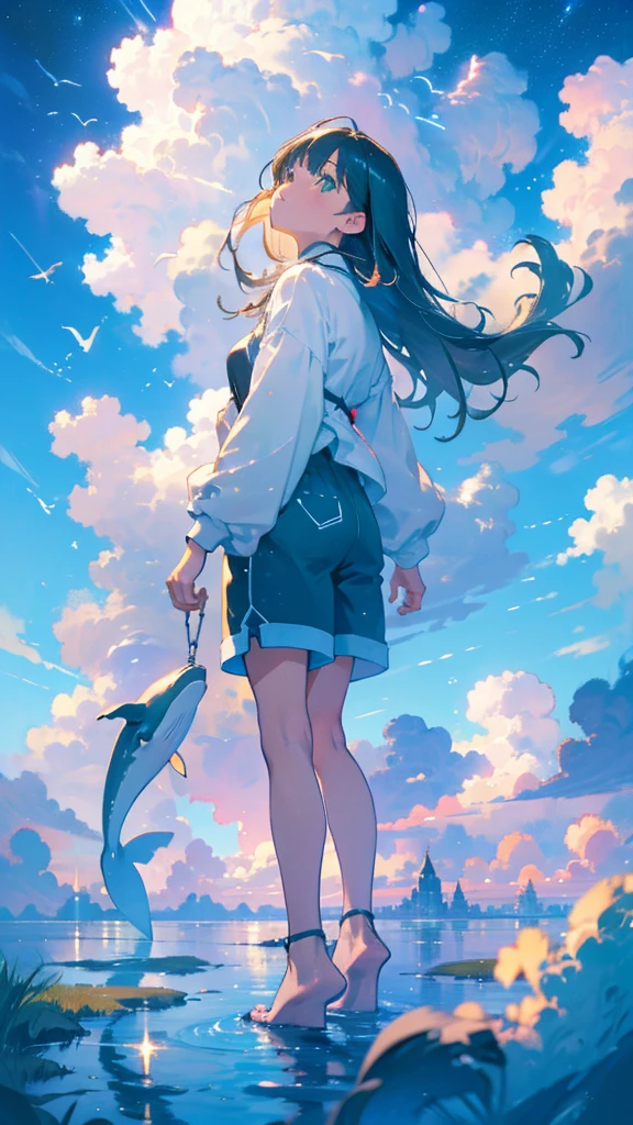 masterpiece, Exquisite detail,Highest quality, One girl, alone, handrail, cloud, Looking up at the buildings,Long Hair, zero, Long sleeve, Power lines, White footwear, Black Hair, View your viewers, Electric pole, bangs, cloudy zero, fish, bird, Green Eyes, Shorts, Day, Black Shirt, barefoot,Whale flying in the sky,Giant whale,night,Star,milky way,night,Pitch black,Buildings,standing and looking up at the sky